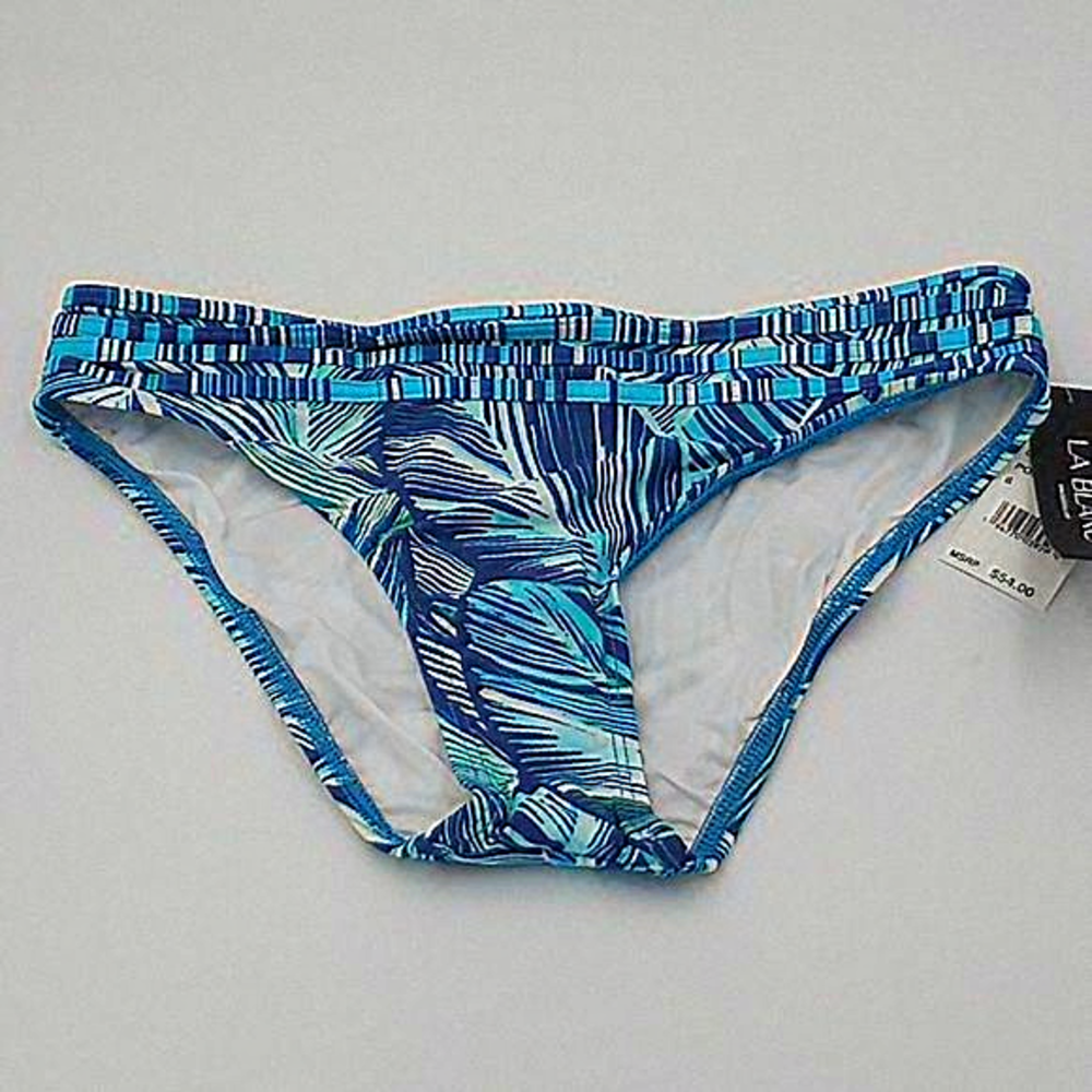 La Blanca Sketched Leaves Banded Midster Bikini Bottom Blue White